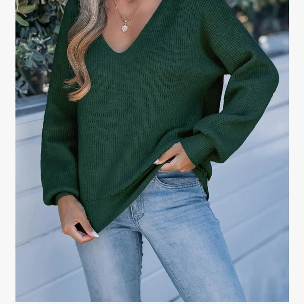 NWT Cupshe Green V-Neck Sweater with Bow DetailS5